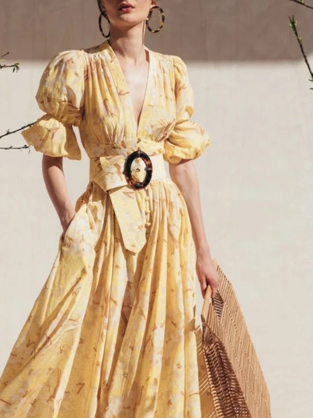 Sunlit Yellow Floral Maxi Dress with Puff Sleeves and Statement Belt